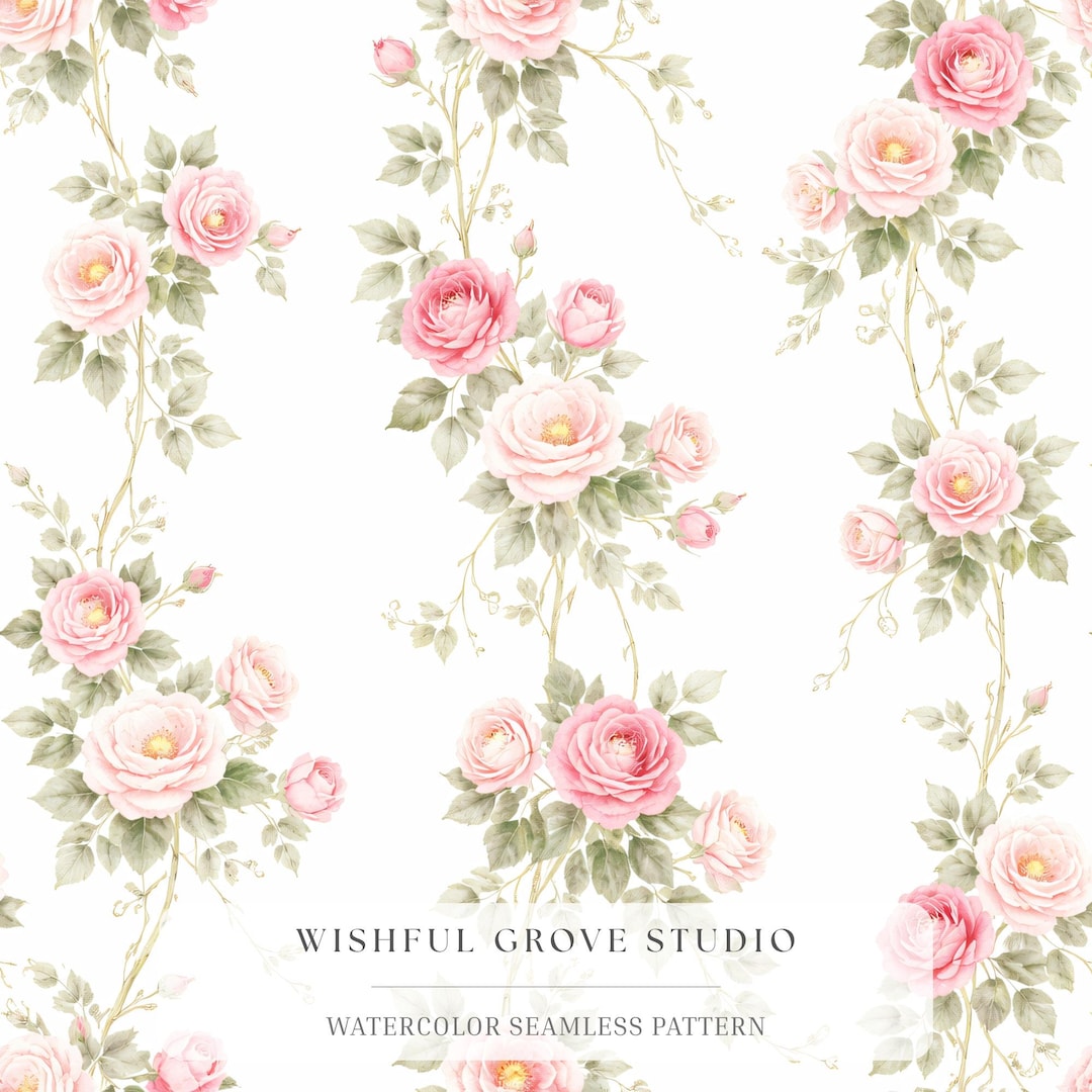 Pink Rose Pattern Material Pink Climbing Rose Seamless Pattern, Watercolour Rose Vine Digital ...