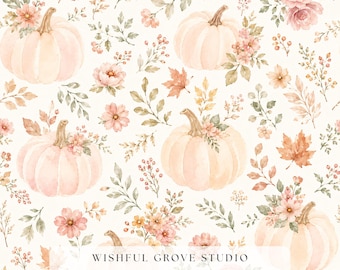 Aquarelle citrouille florale transparente, papier numérique automne rose poudré, impression de récolte Cottagecore pastel pour tissu et papier peint