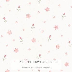 May include: A seamless pattern featuring watercolour pink flowers and green buds scattered across a white background with tiny dark speckles. The text WISHFUL GROVE STUDIO WATERCOLOUR SEAMLESS PATTERN is centred at the bottom in black lettering.