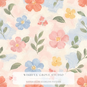 May include: A seamless pattern featuring painted flowers in shades of coral, pink, blue, and yellow, interspersed with green leaves on a cream background. The text WISHFUL GROVE STUDIO WATERCOLOR SEAMLESS PATTERN is centered at the bottom.
