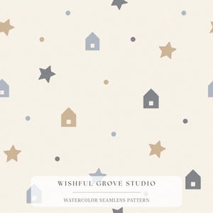 May include: A seamless pattern on a cream background featuring small houses, stars, and dots in shades of tan, slate blue, and dark gray. The text WISHFUL GROVE STUDIO WATERCOLOR SEAMLESS PATTERN is printed in a white rectangular box at the bottom.