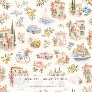 May include: A seamless pattern featuring watercolor illustrations of Mediterranean coastal scenes, including yellow and pink villas, a blue car, a pink convertible, a sailboat, a bicycle with flowers, lemons, and beach umbrellas on a cream background.