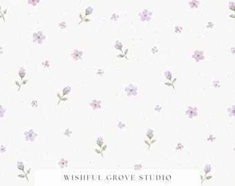 Motif floral violet sans raccord | Fleurs, bourgeons et petites fleurs à l'aquarelle sur fond crème | Style cottagecore, imprimé pour tissu ou papier peint