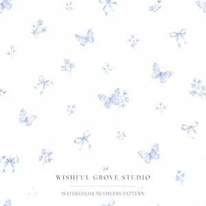 Soft Blue Butterfly Bow Seamless Pattern, Watercolour Coquette Floral Digital Paper, Baby Boy Nursery Fabric, Something Blue Wallpaper
