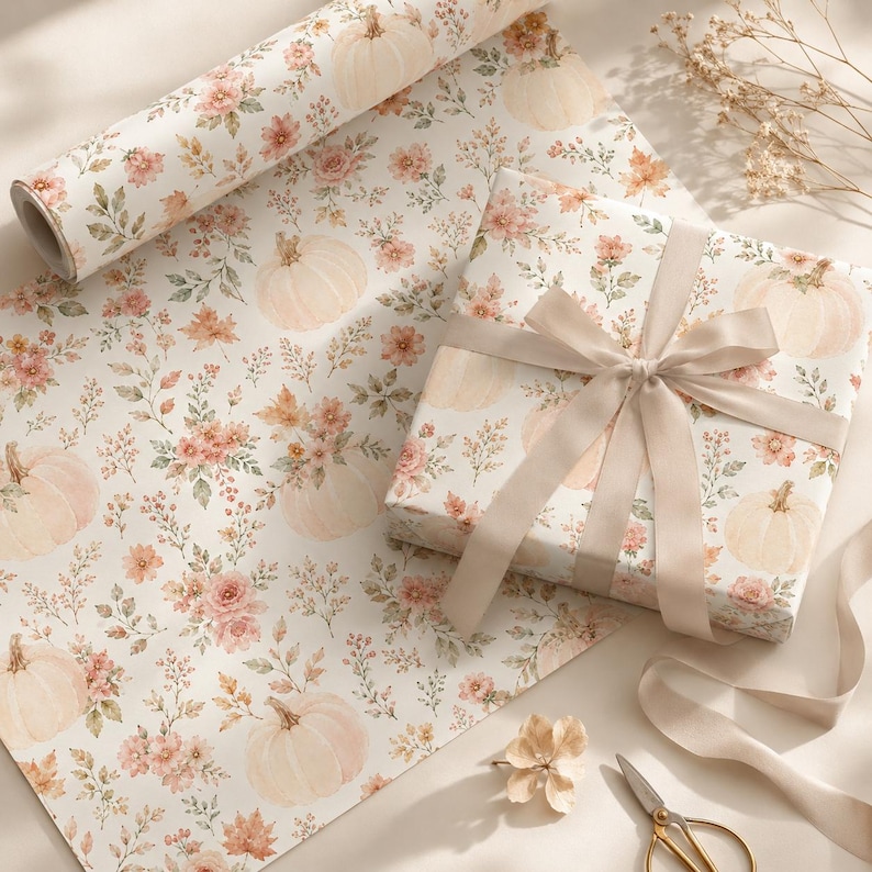 May include: A roll of wrapping paper and a gift box wrapped in the same paper, featuring a pattern of pale pumpkins, soft pink flowers, and green foliage on a cream background, tied with a wide beige satin ribbon and metal scissors.