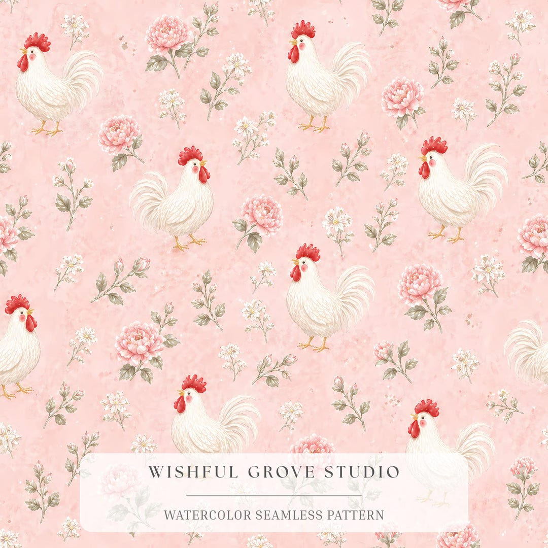 Cute Rooster Pink Peony Seamless Pattern, Blush Farmhouse Digital Paper ...