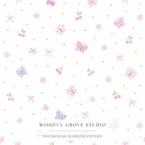 May include: A seamless pattern on a white background featuring watercolor illustrations of pink and blue butterflies, small red cherries, light blue and pink flowers, and tiny bows, interspersed with yellow, green, and blue polka dots. Text reads WISHFUL GROVE STUDIO WATERCOLOR SEAMLESS PATTERN.