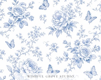 Toile bleue rose pivoine papillon modèle sans couture, papier numérique floral vintage, tissu country Français, papier peint chinoiserie classique