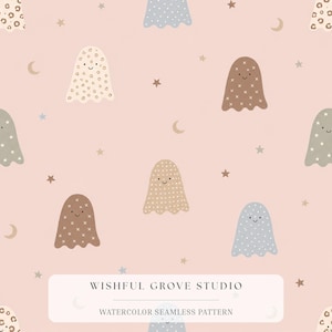 May include: A seamless pattern on a light pink background featuring cartoon ghosts with various patterns including leopard print, crosses, and dots. Small stars and crescent moons are scattered throughout. Text reads WISHFUL GROVE STUDIO WATERCOLOR SEAMLESS PATTERN.