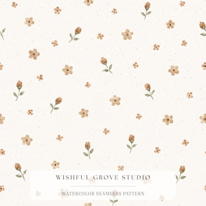 May include: A seamless pattern featuring small brown watercolor flowers and buds scattered across a cream background with tiny brown dots. The text WISHFUL GROVE STUDIO WATERCOLOR SEAMLESS PATTERN is printed in a white rectangular box at the bottom.