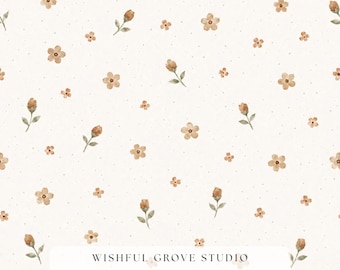 Motif floral sans couture en terre cuite | Fleurs, bourgeons et petites fleurs aquarelles sur fond crème | Imprimé pour tissu ou papier peint style bohème