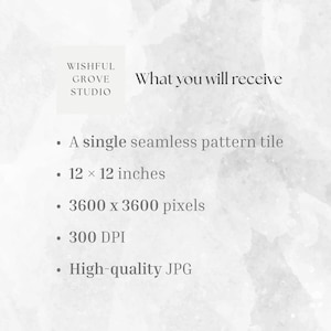 May include: A digital information graphic from Wishful Grove Studio detailing product specifications: a single seamless pattern tile, 12 x 12 inches, 3600 x 3600 pixels, 300 DPI, and a high-quality JPG file format, presented on a light grey textured background.