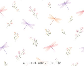Aquarelle libellule florale transparente, papier numérique botanique pastel, conception de tissu libellule
