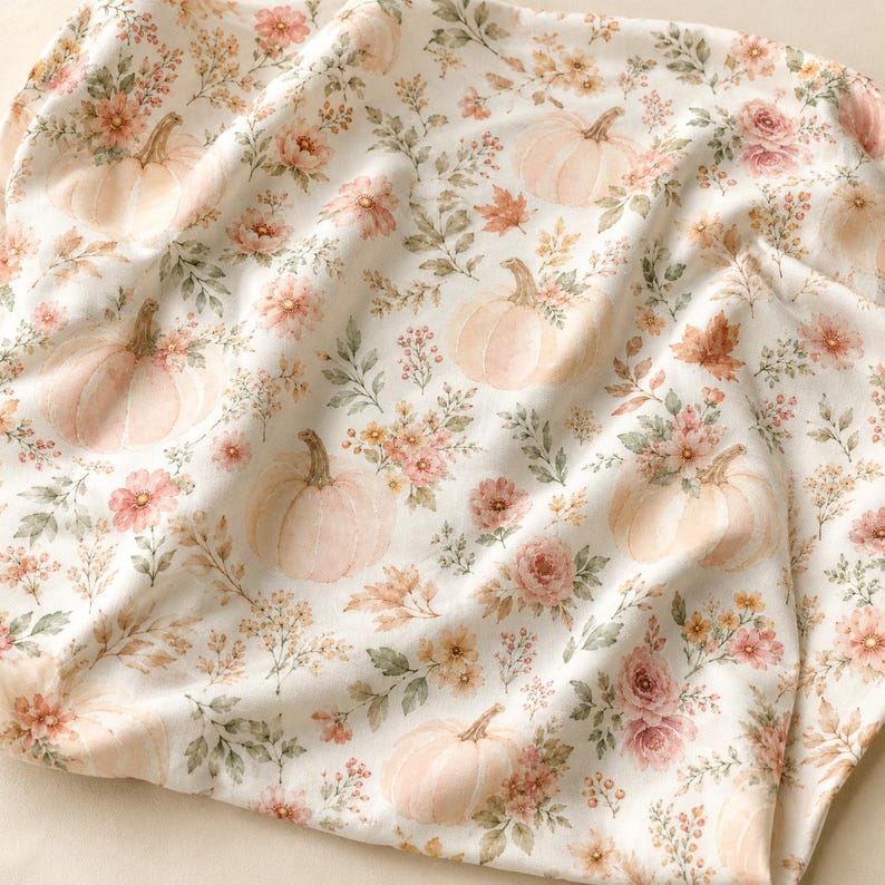 May include: A white fabric featuring a repeating pattern of soft peach-coloured pumpkins, delicate pink flowers, and muted green foliage. The design includes scattered autumn leaves and small floral sprigs, creating a soft, light-toned textile print.
