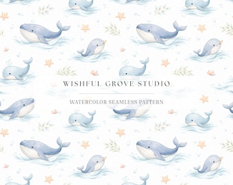 Modèle sans couture aquarelle de bébé baleine | Papier numérique Ocean Nursery | Adorable impression sur tissu Sea Life | Conception de chambre de bébé côtière