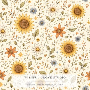 May include: A seamless pattern featuring yellow sunflowers, white daisies, and orange flowers on a cream background. The design includes small green leaves, thin stems, and tiny star shapes. Text reads: WISHFUL GROVE STUDIO WATERCOLOR SEAMLESS PATTERN.