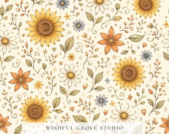 Modèle sans couture tournesol vintage Daisy bleuet crème botanique cottagecore Floral numérique papier tissu papier peint impression Boho Folk
