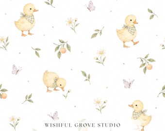 Watercolor Duckling Pattern, Cute Yellow Ducks Daisies Butterflies and Peach Botanicals, Nursery Seamless Print
