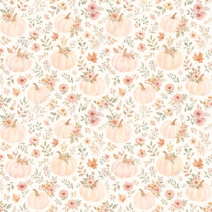 May include: A repeating pattern featuring light peach pumpkins adorned with small pink flowers, green leaves, and autumn foliage on a cream background. The design includes various botanical elements like sprigs and maple leaves.