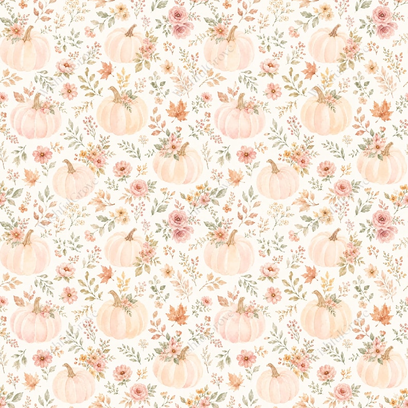May include: A repeating pattern featuring light peach pumpkins adorned with small pink flowers, green leaves, and autumn foliage on a cream background. The design includes various botanical elements like sprigs and maple leaves.