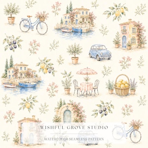 Könnte beinhalten: Ein nahtloses Muster mit Aquarellillustrationen von mediterranen Villen, blauen Fahrrädern, einem Oldtimer, Zitronenzweigen, Topfpflanzen und einem Bistrotisch mit gestreiftem Sonnenschirm. Der Text lautet WISHFUL GROVE STUDIO WATERCOLOR SEAMLESS PATTERN.
