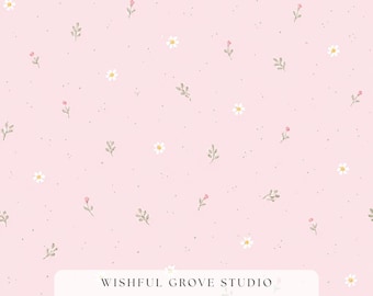 Motif sans couture à petites marguerites, aquarelle florale rose poudré à télécharger numérique, imprimé de petites fleurs blanches pour tissu ou papier peint de chambre d'enfant