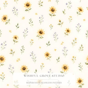 Könnte beinhalten: Ein nahtloses Muster mit Aquarell-Sonnenblumen, kleinen gelben Blüten und zarten violetten Zweigen auf cremefarbenem Hintergrund. Der Text WISHFUL GROVE STUDIO und WATERCOLOR SEAMLESS PATTERN ist unten mittig in schwarzer Schrift.