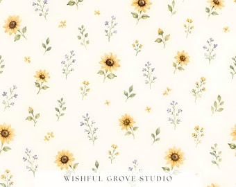 Aquarelle tournesol lavande sans couture, papier numérique petites fleurs sauvages, tissu floral cottagecore, papier peint crème bohème imprimé