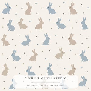 May include: A seamless pattern featuring alternating light blue and beige rabbit silhouettes arranged on a cream background with small scattered dots. The text WISHFUL GROVE STUDIO WATERCOLOR SEAMLESS PATTERN is centered at the bottom.