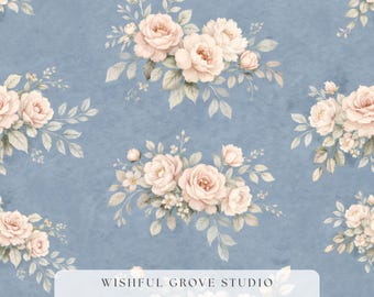 Vintage motif rose sans couture, papier numérique floral rose poudré, conception de tissu toile française, bleu poussiéreux, sublimation JPG, usage commercial