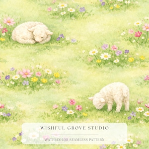 May include: A seamless pattern featuring white lambs in a light green meadow filled with colorful wildflowers. The design includes the text WISHFUL GROVE STUDIO WATERCOLOR SEAMLESS PATTERN centered at the bottom in a white rectangular overlay.