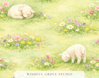 Spring Lamb Seamless Pattern, Watercolor Meadow Wildflower Digital Paper, Easter Nursery Fabric Design, Sublimation JPG, Commercial Use