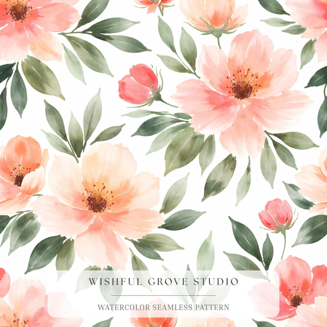 Pink Peach Pattern Peach Pink Watercolour Floral Seamless Pattern, Loose Bloom Digital ...