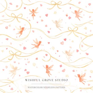 May include: A seamless pattern featuring watercolor illustrations of small fairies with wings, gold ribbon bows, and scattered pink hearts on a white background. The text WISHFUL GROVE STUDIO WATERCOLOR SEAMLESS PATTERN is printed at the bottom center.