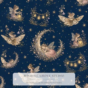 May include: A seamless pattern on a dark blue background featuring watercolor illustrations of fairies, crescent moons, glowing lanterns, and stars. The text WISHFUL GROVE STUDIO WATERCOLOR SEAMLESS PATTERN is centered in a light blue rectangular overlay.
