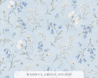 Forget Me Not Bluebell Watercolour Seamless Pattern, Powder Blue Floral Digital Paper, Vintage Cottage Wallpaper Design