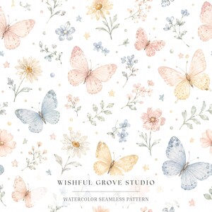 May include: A seamless pattern featuring watercolor butterflies in shades of pink, yellow, and blue, interspersed with daisies, small flowers, green leaves, and tiny stars on a white background. Text reads WISHFUL GROVE STUDIO WATERCOLOR SEAMLESS PATTERN.