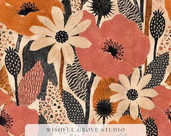 Motif coquelicot audacieux sans couture, papier numérique collage linogravure rétro, tissu automnal couleur terre cuite rouille, papier peint floral bohème à télécharger