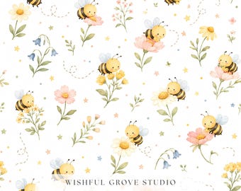 Abeille aquarelle transparente motif floral chambre de bébé marguerite fleurs sauvages abeille pastel papier numérique tissu papier peint impression printemps