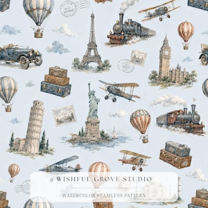 May include: A seamless pattern featuring watercolor illustrations of travel icons including the Eiffel Tower, Statue of Liberty, Big Ben, Leaning Tower of Pisa, vintage trains, biplanes, hot air balloons, classic cars, and stacked leather suitcases.