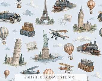 Vintage Travel Seamless Pattern, World Landmarks Digital Paper, Hot Air Balloon Wallpaper, Plane Train Fabric, Adventure Wanderlust Print