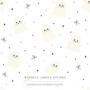 Cute Ghost Seamless Pattern Pink Navy Stars Bows Nursery Baby Digital Paper Boho Pastel Fabric Wallpaper Print Spooky