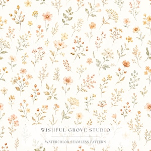 Patrón sin costuras de flores silvestres en acuarela, delicado papel digital floral color melocotón, estampado de pradera estilo cottagecore para tela, papel pintado y decoración infantil.