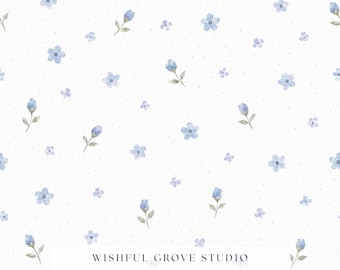 Motif floral bleu sans raccord | Fleurs, bourgeons et petites fleurs à l'aquarelle sur fond crème | Style cottagecore, imprimé pour tissu ou papier peint