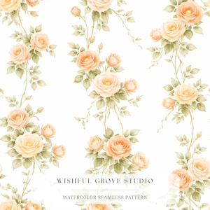 May include: A seamless pattern featuring watercolor illustrations of peach-colored roses and soft green leaves arranged in vertical clusters against a white background. The text WISHFUL GROVE STUDIO WATERCOLOR SEAMLESS PATTERN is centered.