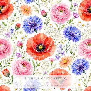 Wildflower Seamless Pattern, Red Poppy Blue Cornflower Pink Ranunculus Print, English Meadow Watercolour Wallpaper Fabric