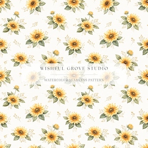 Sunflower Seamless Pattern, Watercolor Floral Digital Paper, Farmhouse Fabric Design, Sublimation JPG, Cottagecore Decor, Commercial Use