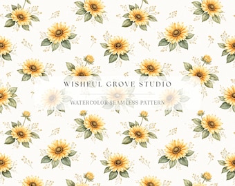 Modèle sans couture tournesol, papier numérique floral aquarelle, conception de tissu de ferme, sublimation JPG, décoration cottagecore, usage commercial