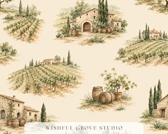 Modèle sans couture vignoble toscan, papier numérique pays viticole, papier peint villa italienne, tissu tonneau de vigne, impression toile paysage