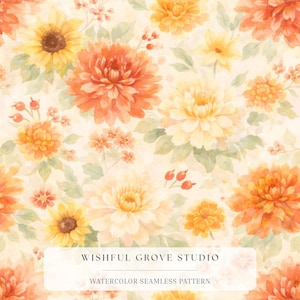 May include: A seamless pattern featuring watercolor illustrations of orange and yellow dahlias, sunflowers, and small red berries on a cream background. The text WISHFUL GROVE STUDIO WATERCOLOR SEAMLESS PATTERN is centered in a white rectangular overlay.